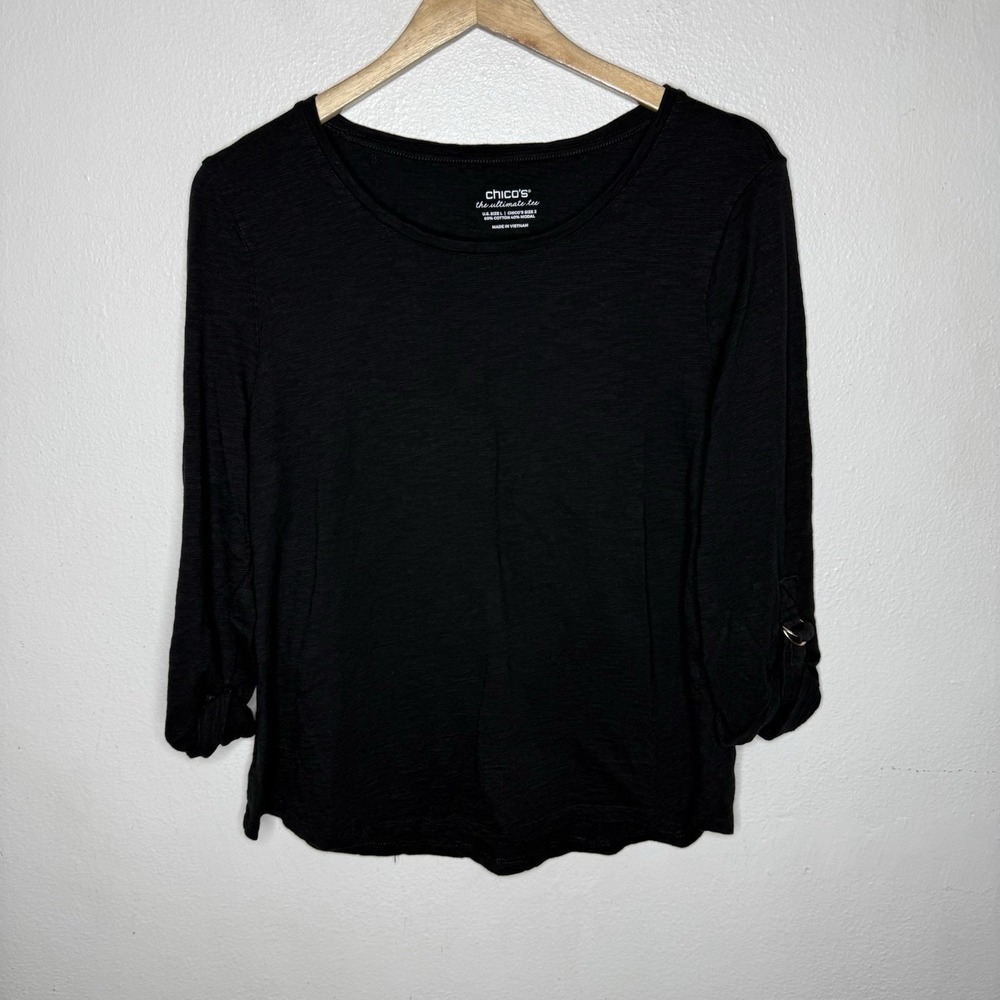 Chicos The Ultimate Tee Black Rolled Sleeves Size 2 Women's US Large
